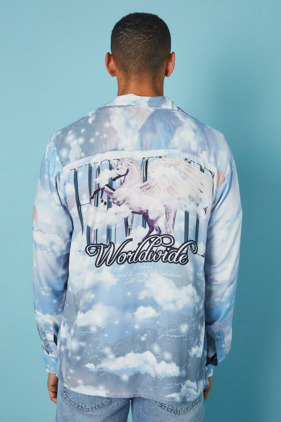 Camisa de manga larga y viscosa con estampado de unicornio en la espalda, Blue image number 1