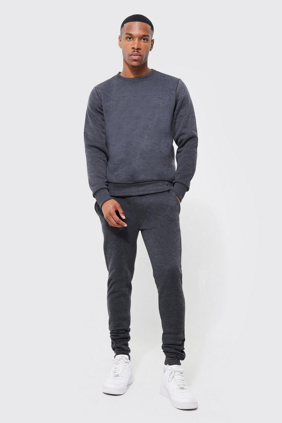 Melierter Basic Sweatshirt-Trainingsanzug, Charcoal grey