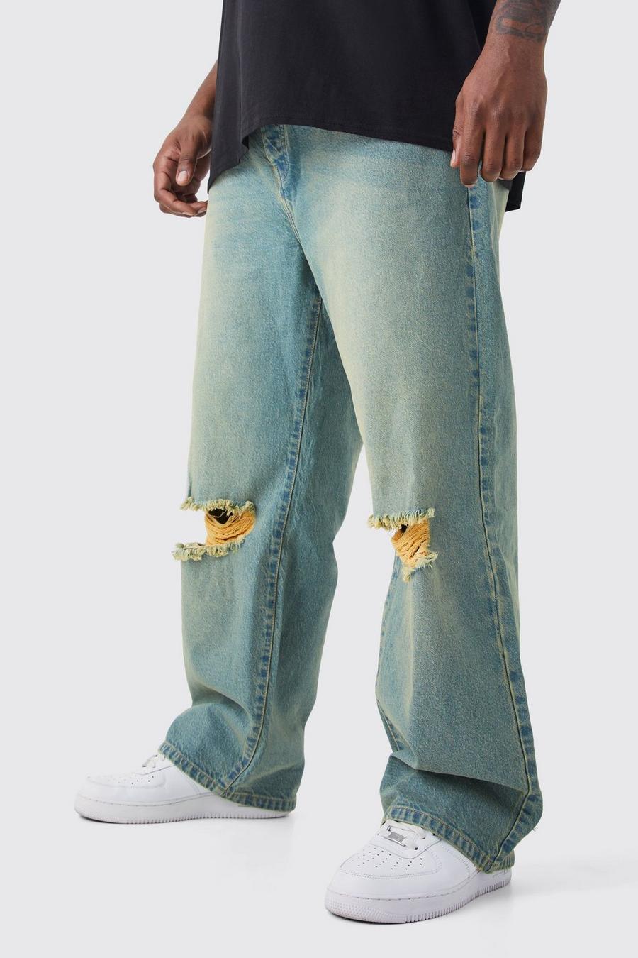 Jeans rilassati Plus Size in denim rigido colorato con strappi sul ginocchio, Green gerde