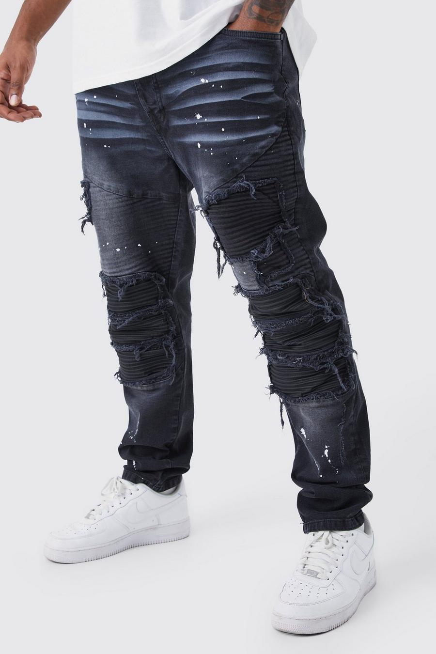 Jeans da Biker Plus Size Skinny Fit Stretch in PU con strappi & rattoppi, Washed black