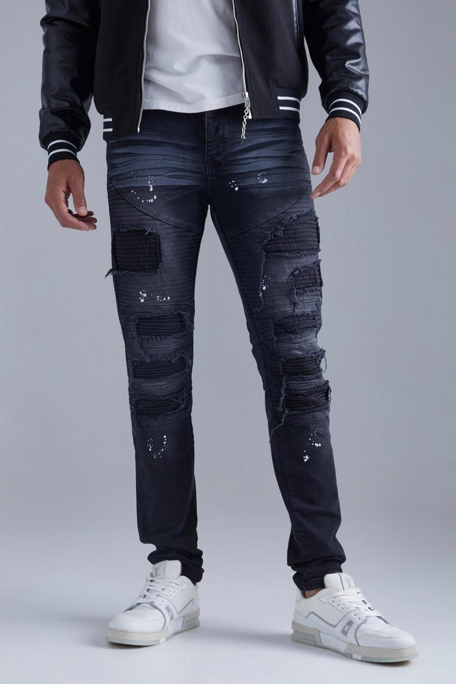 Jeans stile Biker Tall Skinny Fit Stretch con strappi & rattoppi, Washed black image number 1