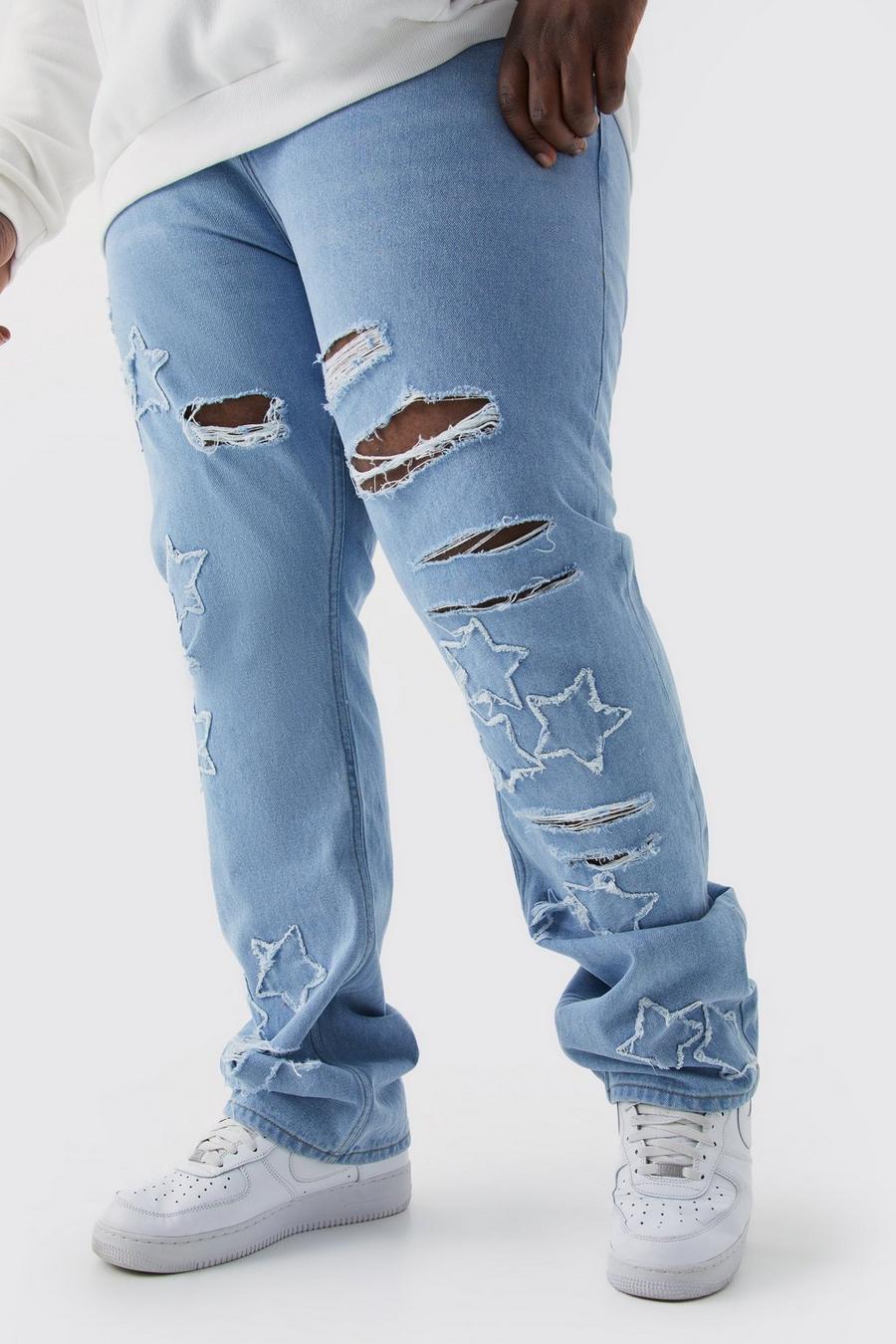 Ice blue Plus Onbewerkte Flared Slim Fit Sterren Jeans image number 1