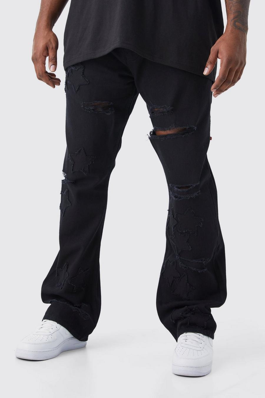 True black Plus Onbewerkte Flared Slim Fit Sterren Jeans image number 1