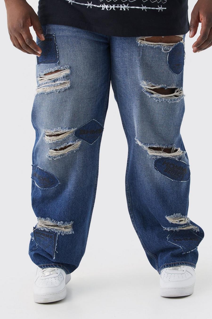 Antique blue Plus Relaxed Rigid Applique Ripped Jeans image number 1