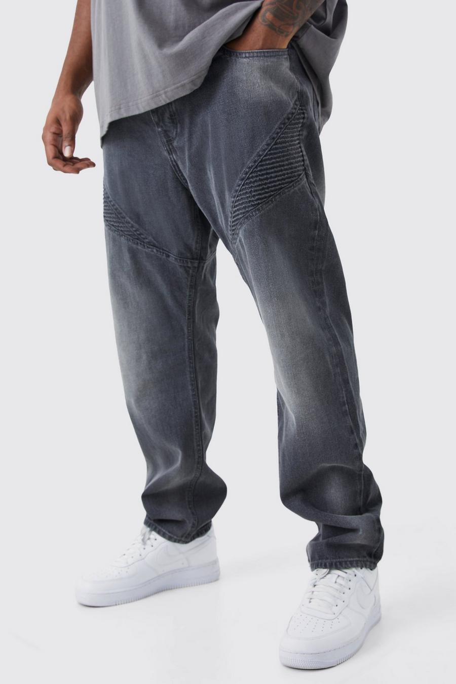 Grey Plus Slim Rigid Biker Panelled Jeans image number 1