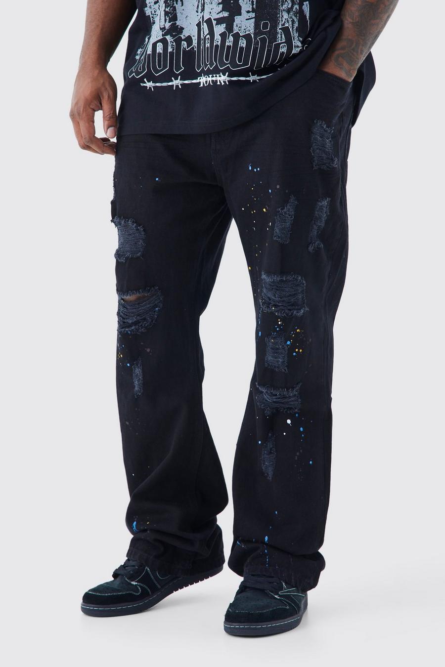 Black svart Plus Slim Rigid Flare Paint Splat Jeans