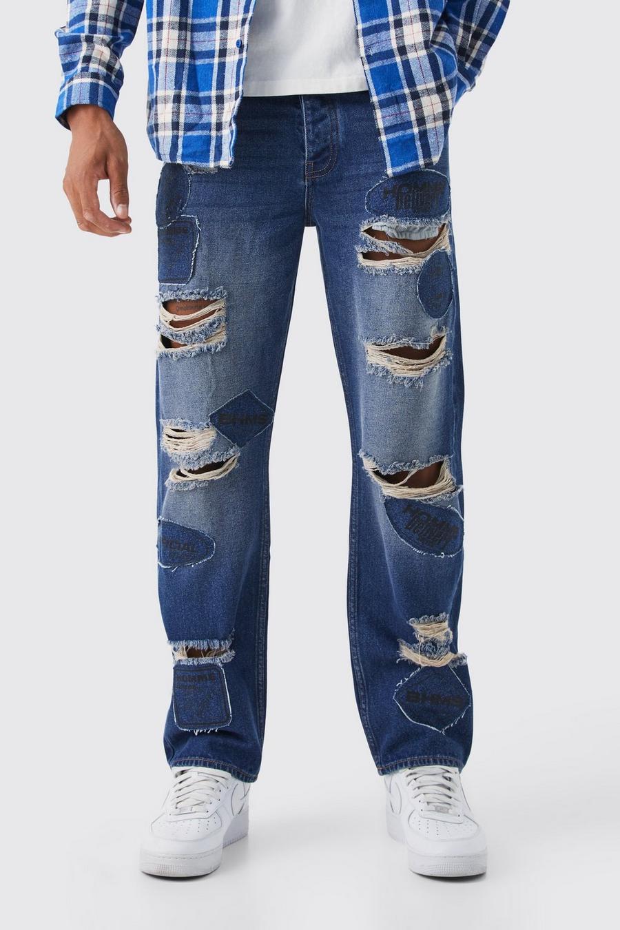 Jeans Tall rilassati in denim rigido con applique strappati, Antique blue