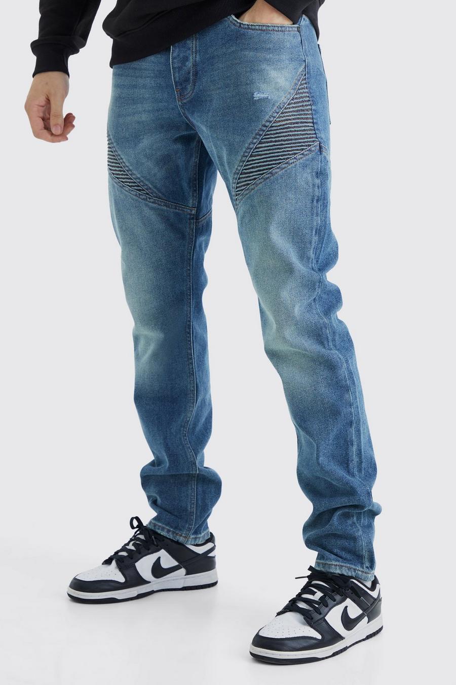 Jeans da biker Tall Slim Fit in denim rigido con pannelli, Vintage blue
