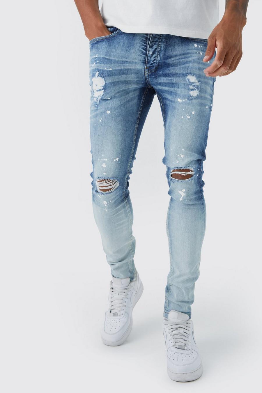 Jeans Tall Skinny Fit in Stretch sfumati con schizzi di colore, Light blue azzurro