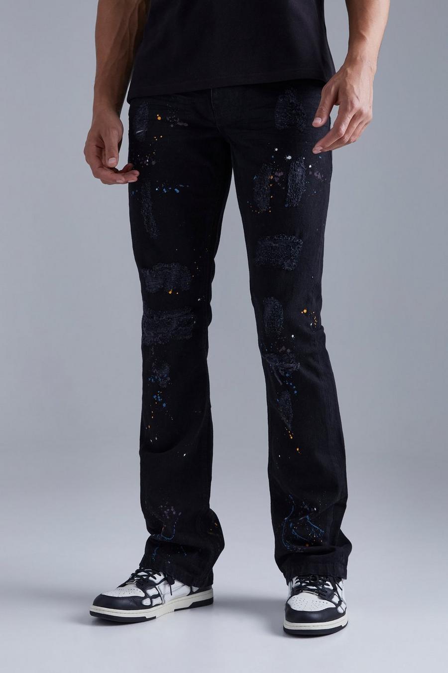 Black Tall Onbewerkte Flared Slim Fit Jeans Met Verfspetters image number 1
