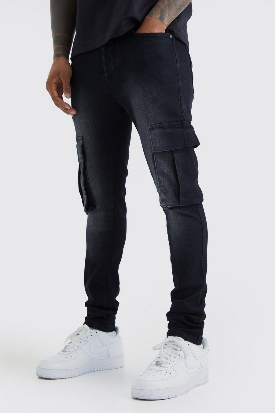 Washed black Super Skinny Stretch Cargo Jeans image number 1