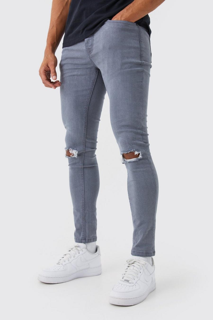 Jeans Super Skinny Fit Stretch con strappi sul ginocchio, Mid grey image number 1