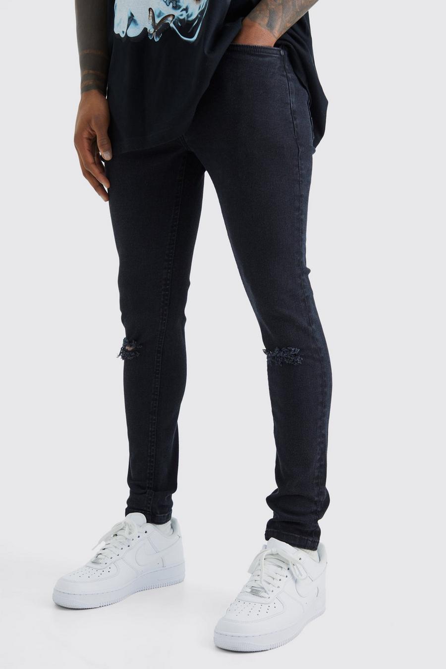 Super Skinny Stretch Jeans mit Riss am Knie, Washed black