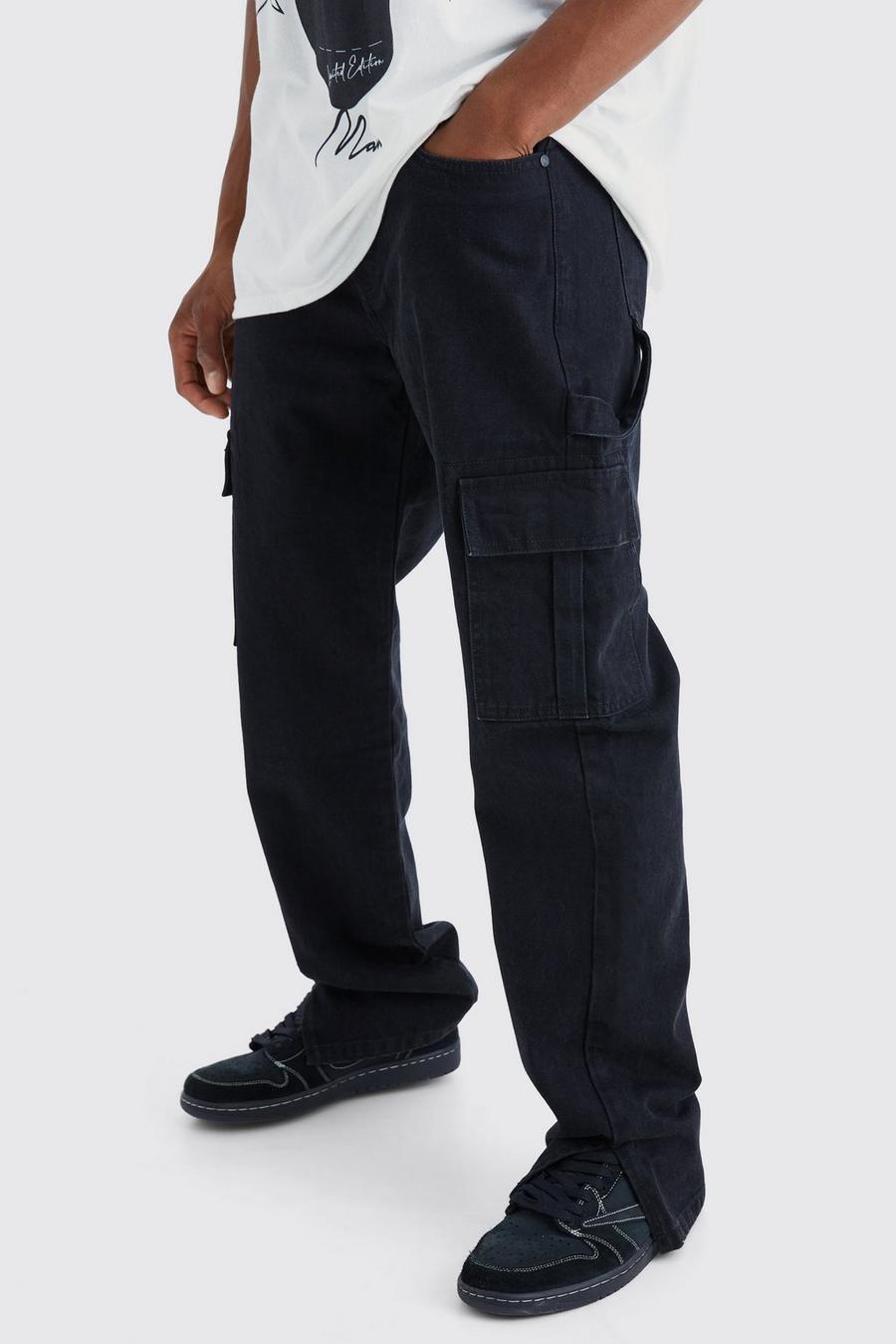 Jeans rilassati in denim rigido stile Carpenter con spacco sul fondo, True black