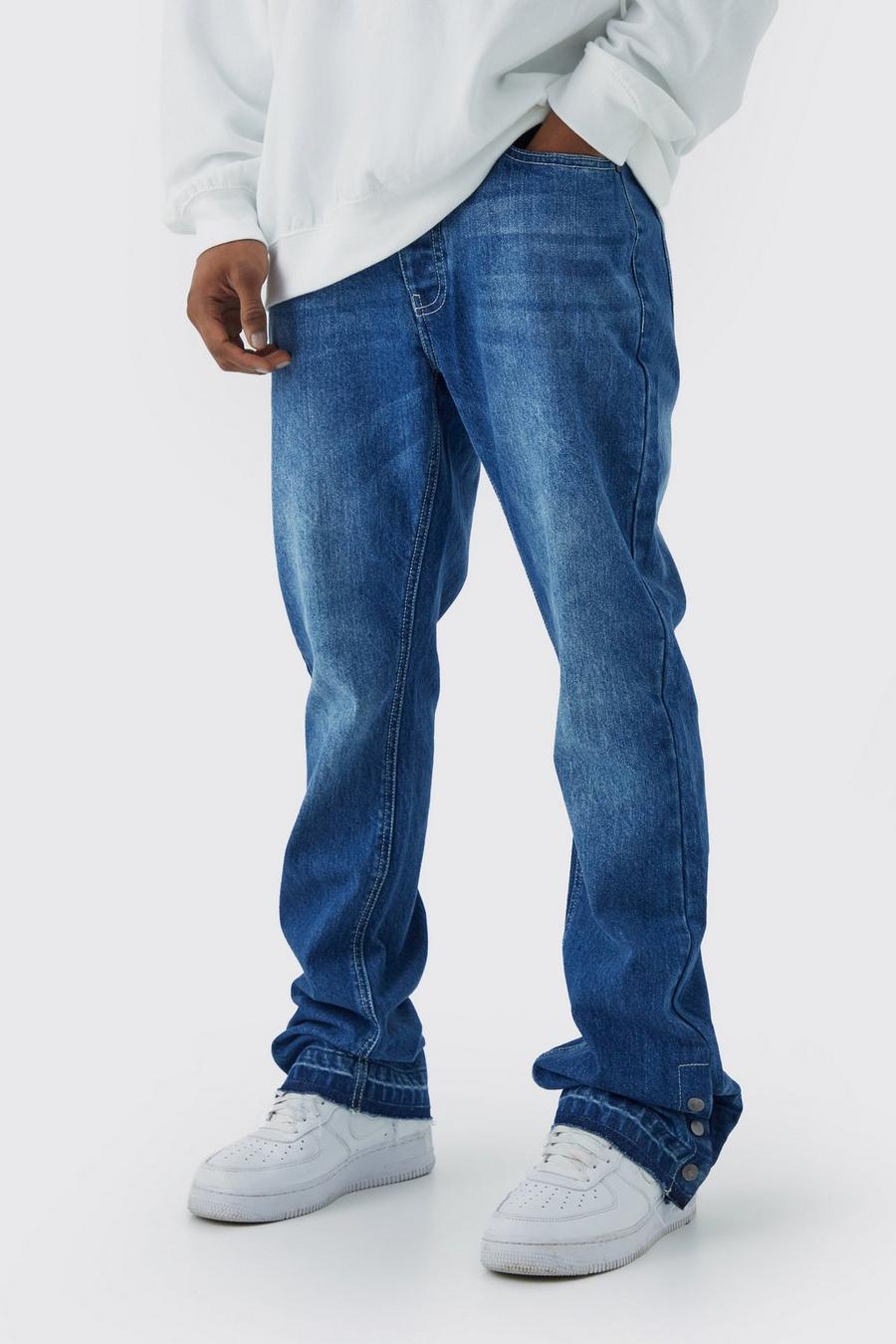 Jeans Slim Fit in denim rigido a zampa con bottoni a pressione sul fondo, Antique blue image number 1