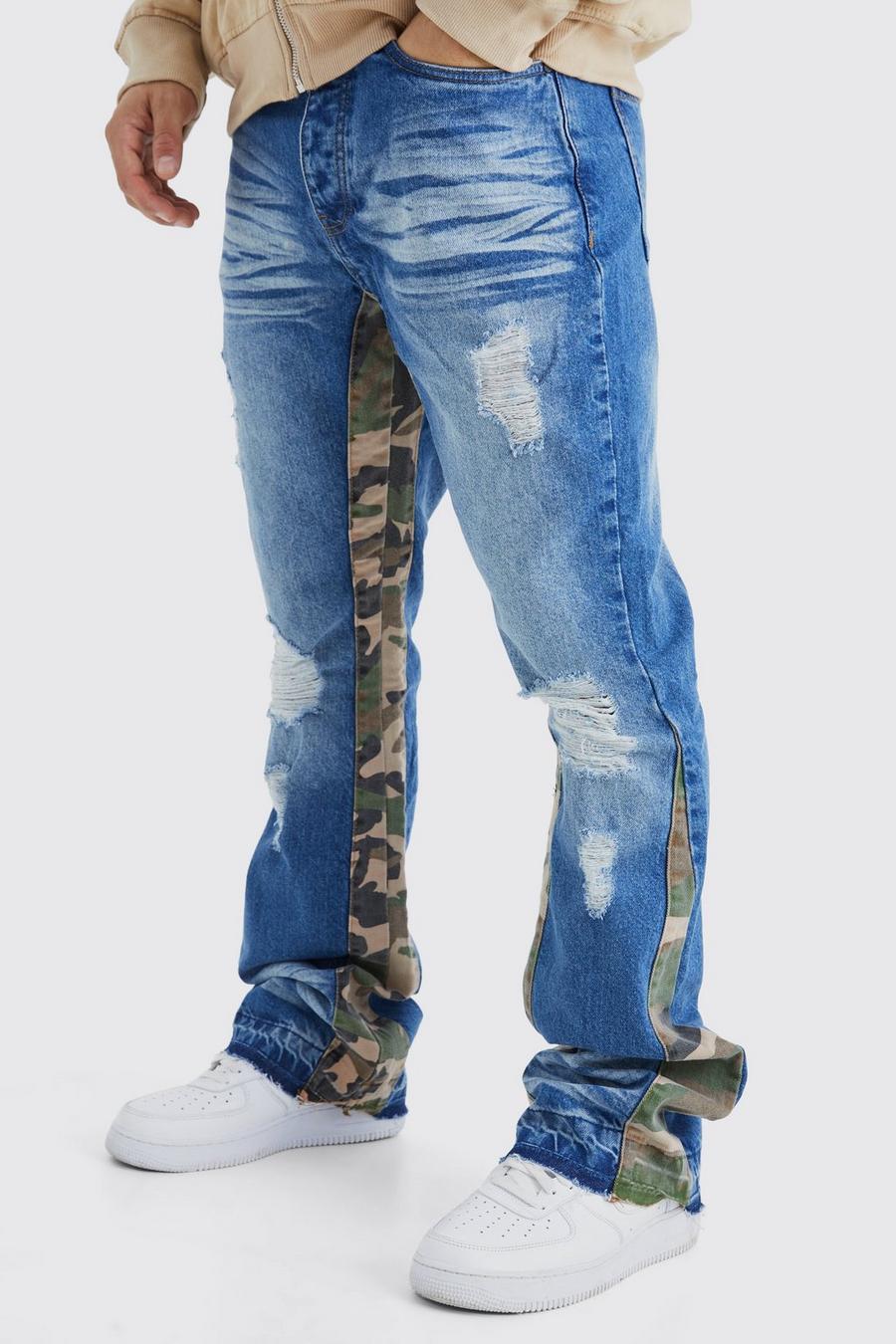 Jeans a zampa Slim Fit in denim rigido con inserti a contrasto, Antique blue