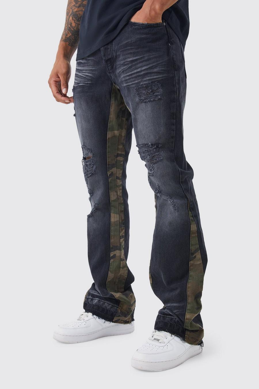 Jeans a zampa Slim Fit in denim rigido con inserti a contrasto, Washed black image number 1