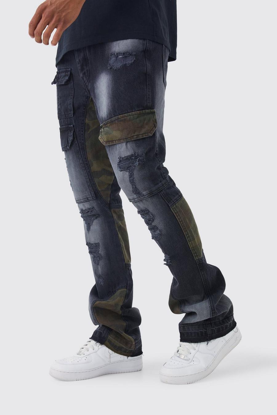 Jeans Cargo Slim Fit in denim rigido in fantasia militare con rattoppi, Washed black image number 1
