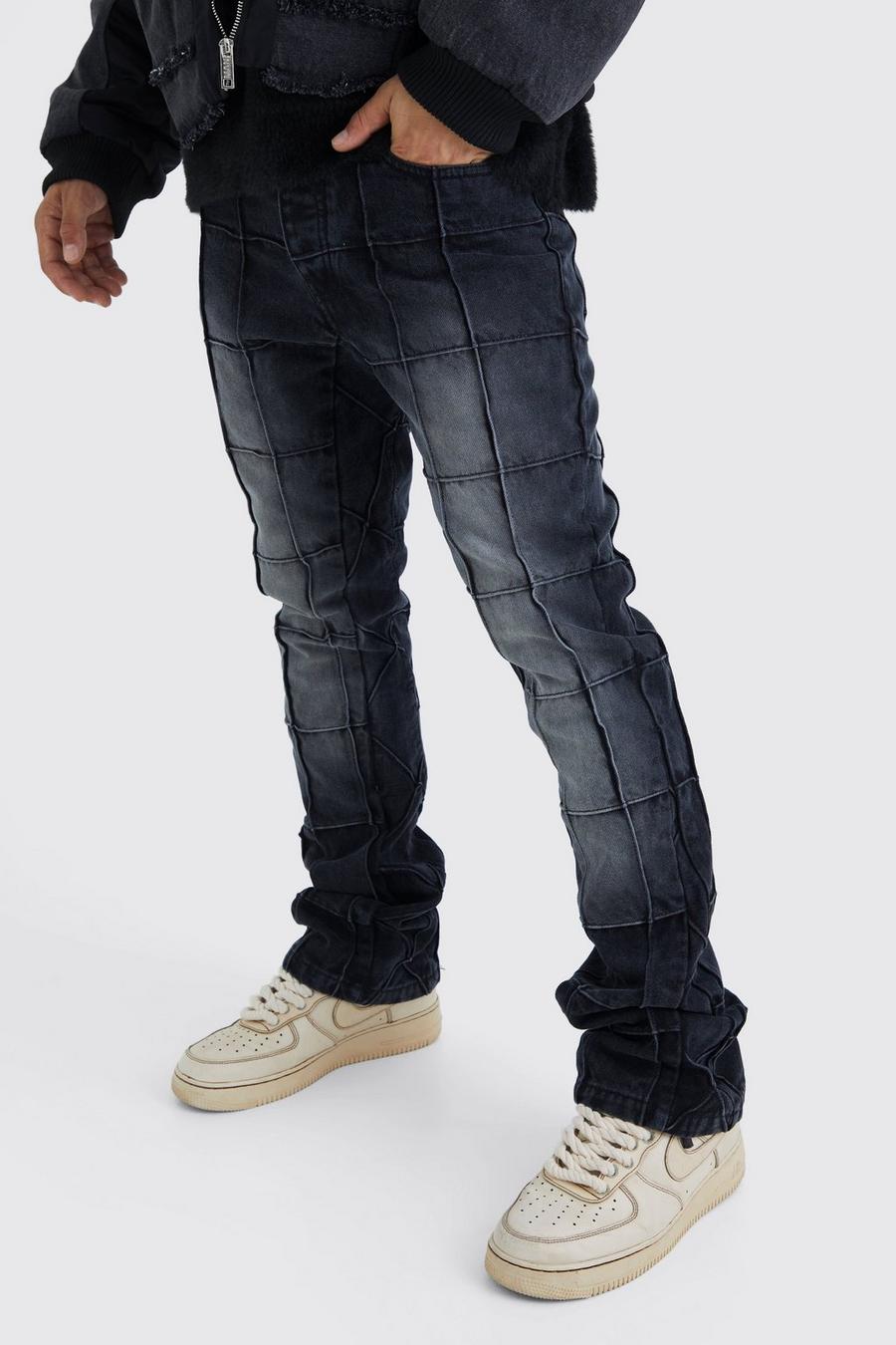 Jeans Slim Fit in denim rigido con pannelli a zampa e inserti, Washed black image number 1