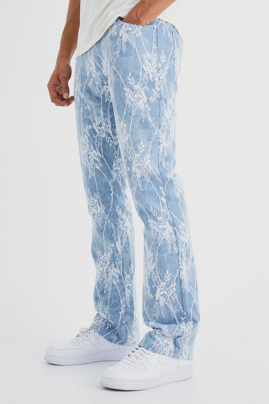 Mid blue Slim Rigid Flare Lace Overlay Jeans image number 1