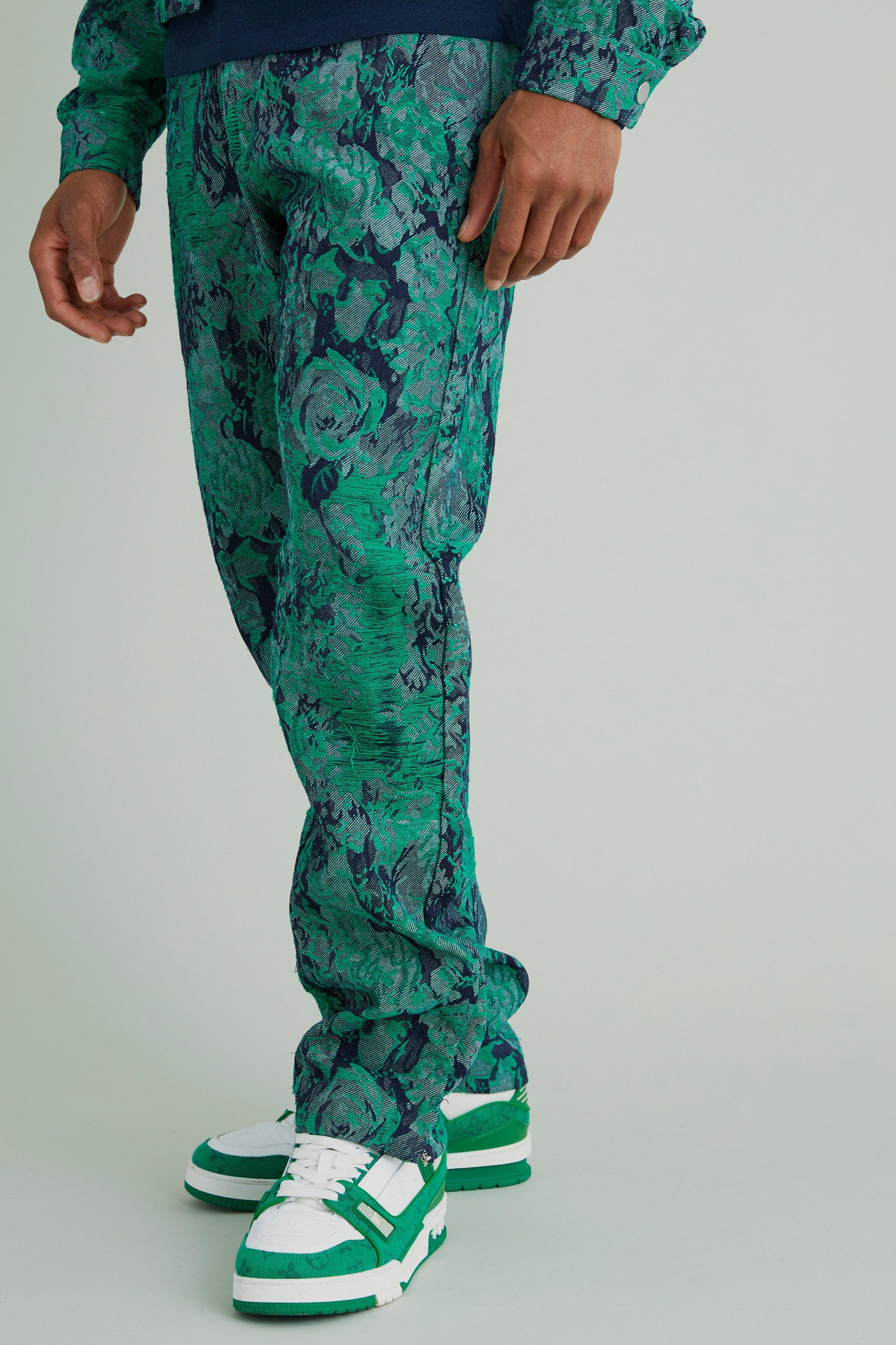 Green Straight Rigid Split Hem Tapestry Jeans