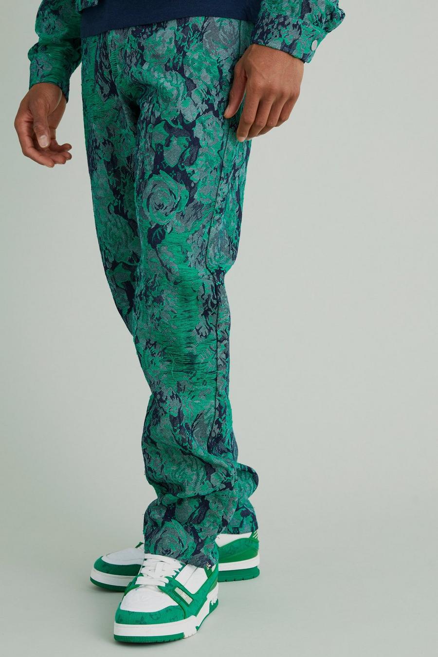 Green grün Straight Rigid Split Hem Tapestry Jeans