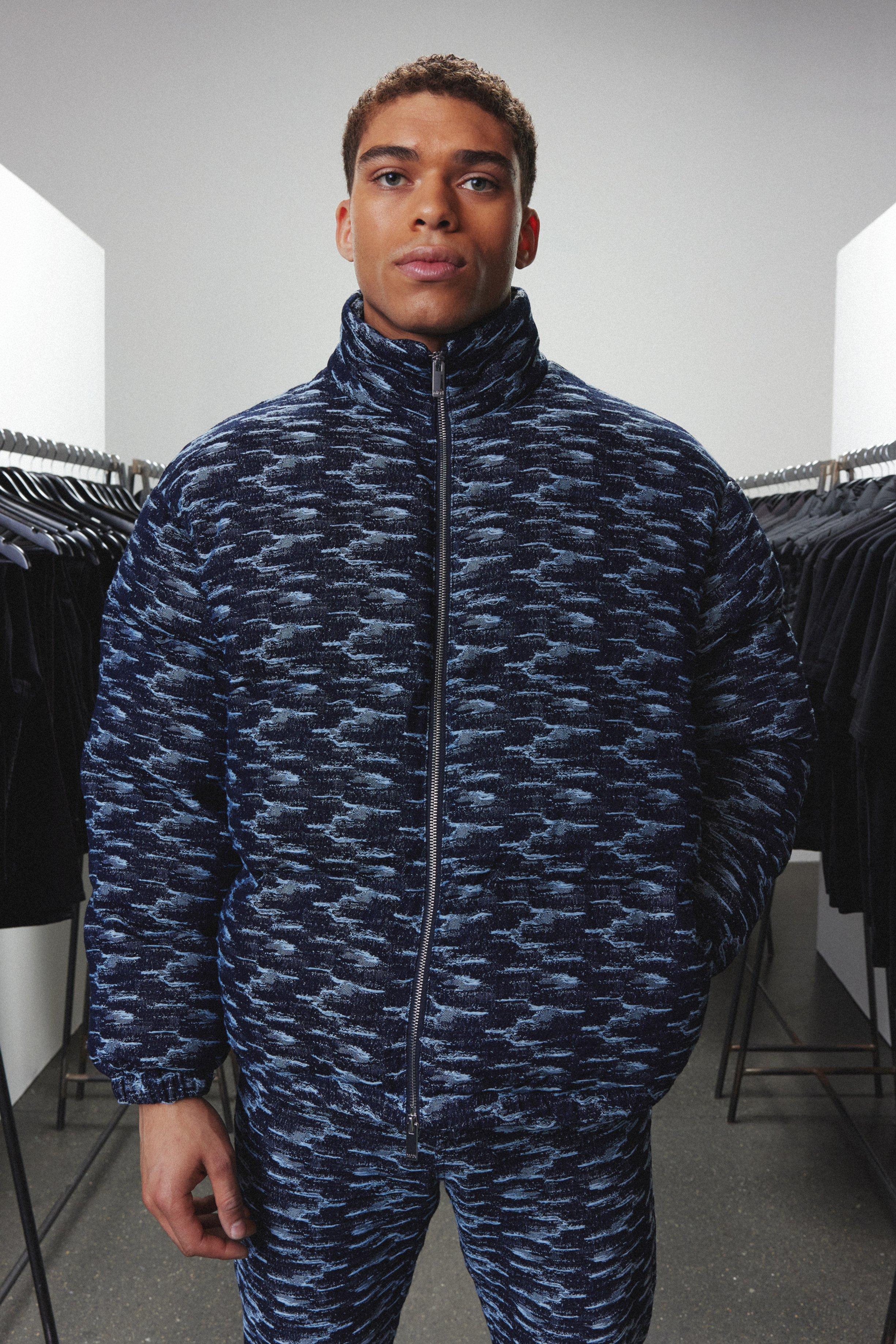 Dark blue Boxy Fit Fabric Interest Denim Puffer Jacket