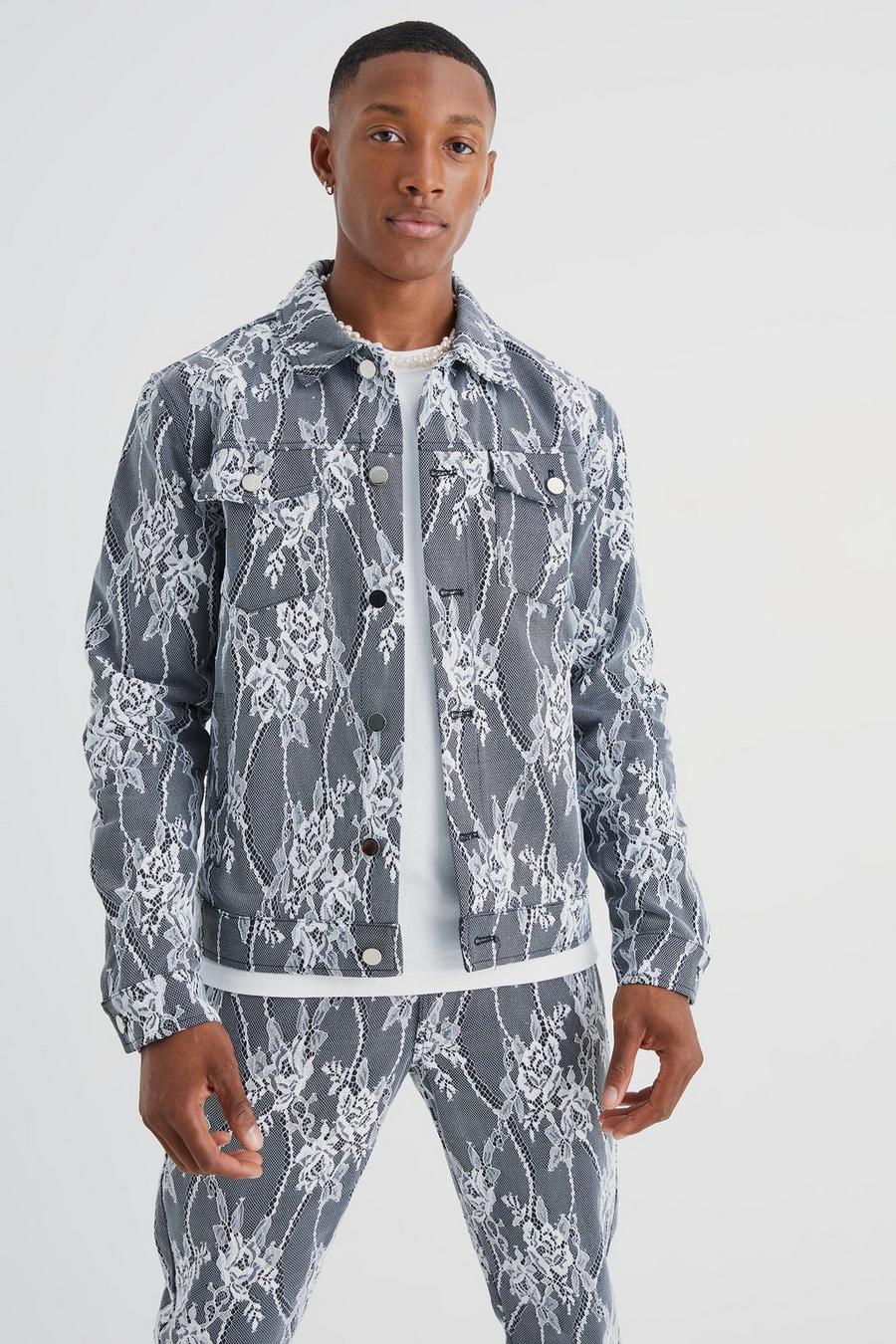 Men's Lace Overlay Denim Jacket | Boohoo UK