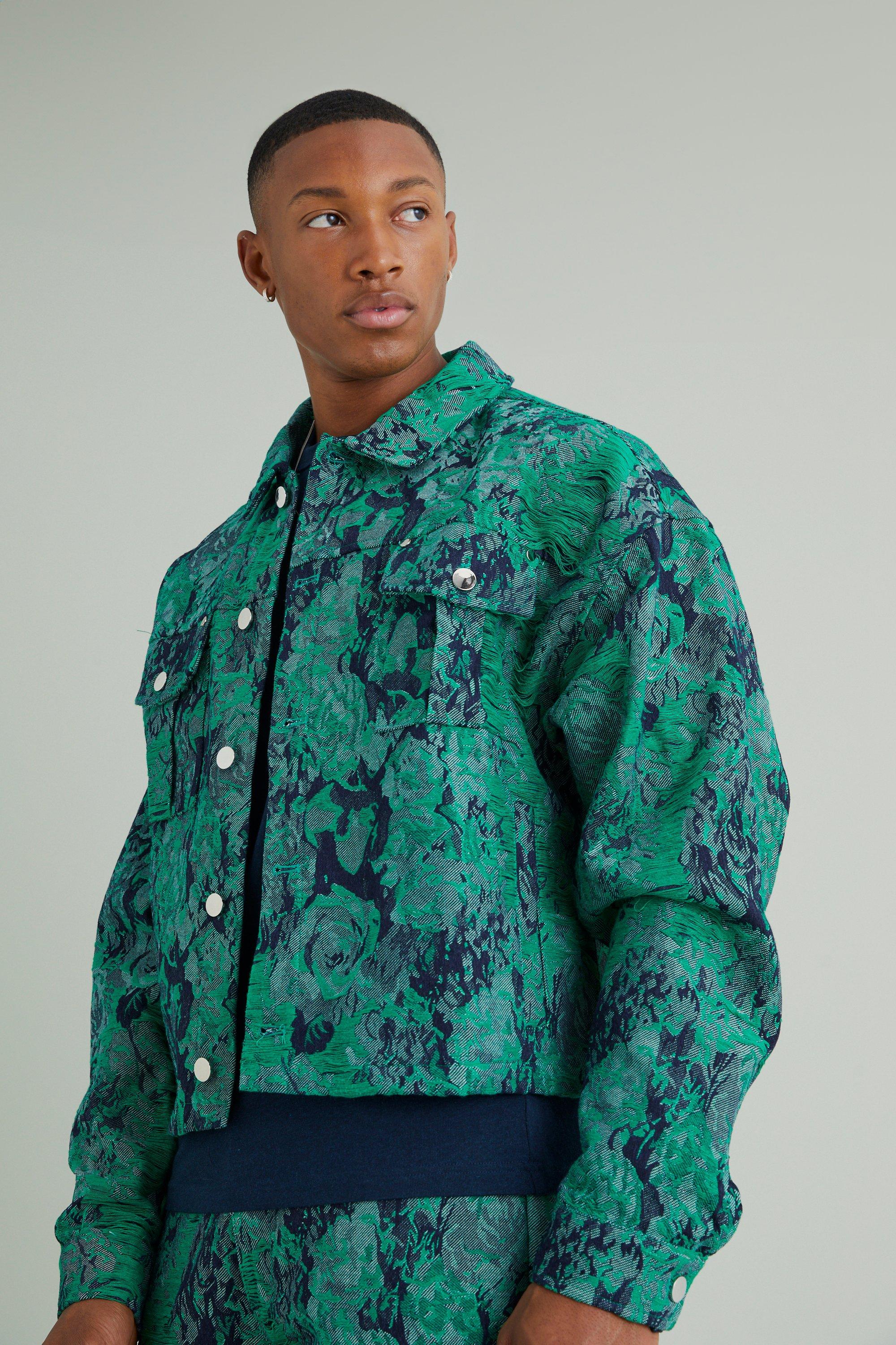 Green Boxy Distressed Tapestry Denim Jacket