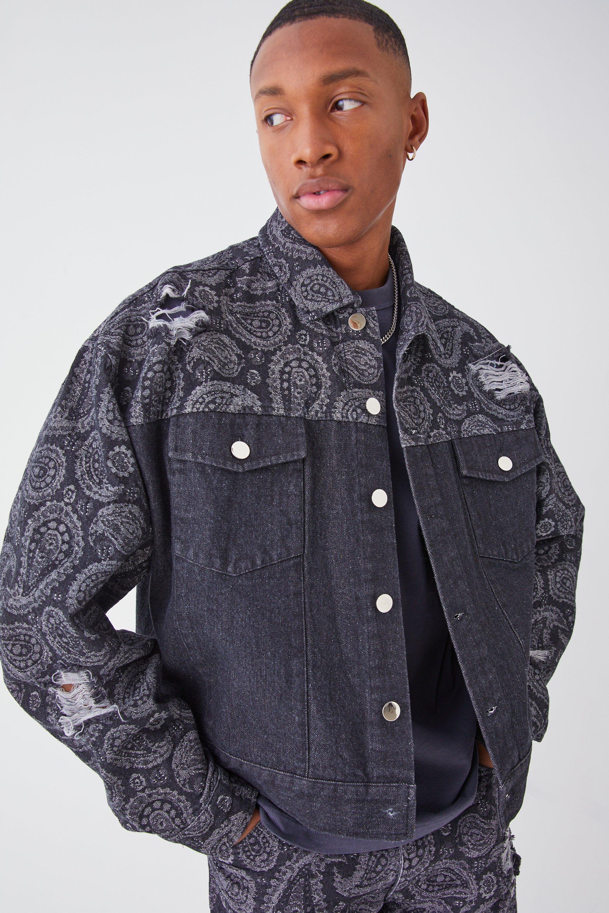 Black Boxy Fit Paisley Spliced Denim Jacket