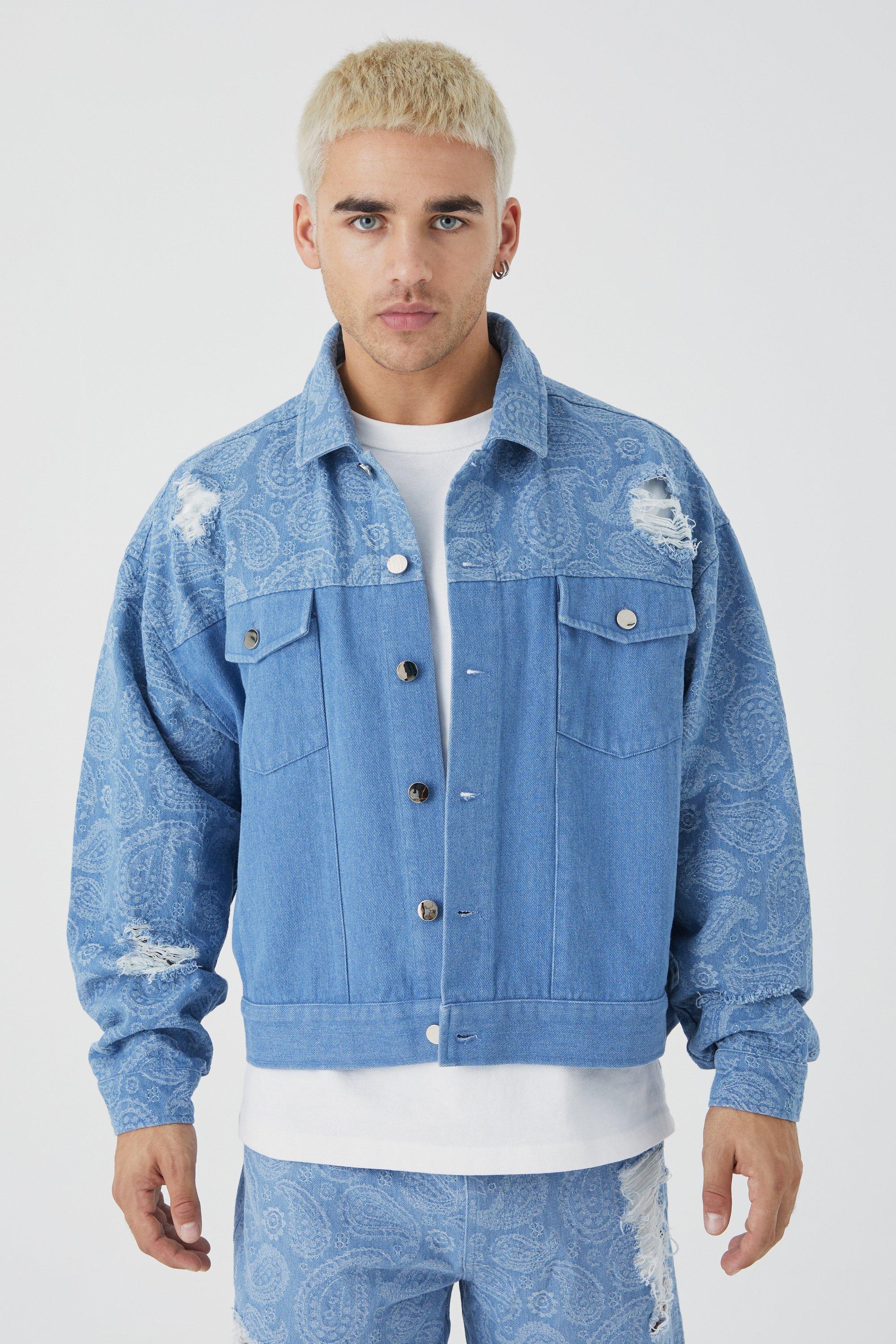 Mid blue Boxy Fit Paisley Spliced Denim Jacket 