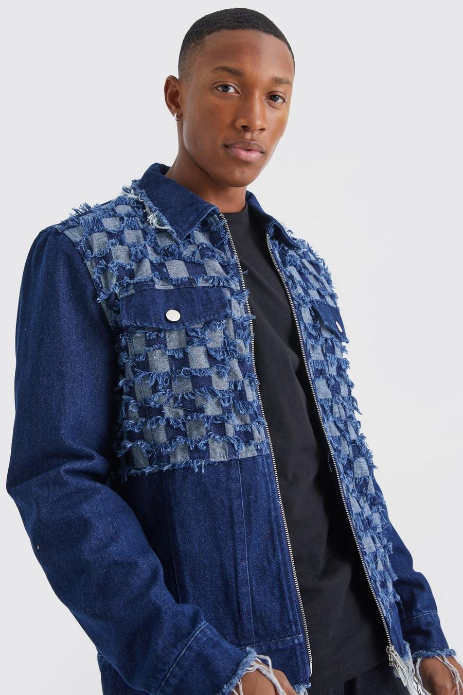 Blue Checkerboard Spliced Denim Jacket image number 1