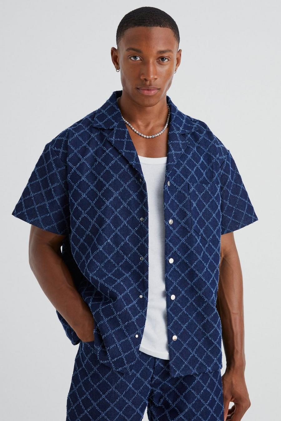 Camicia squadrata in denim in tessuto a contrasto, Dark blue image number 1
