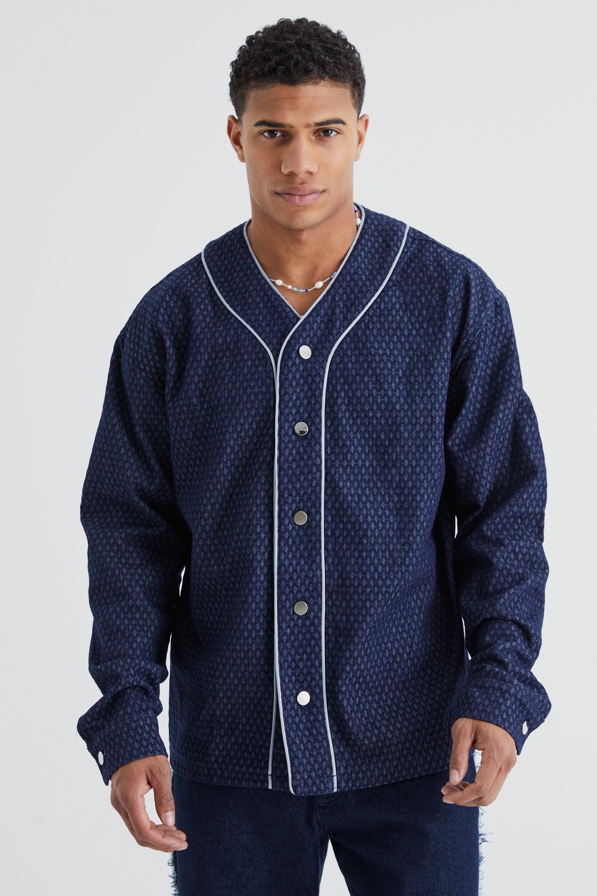 Dark blue Fabric Interest Baseball Denim Shirt