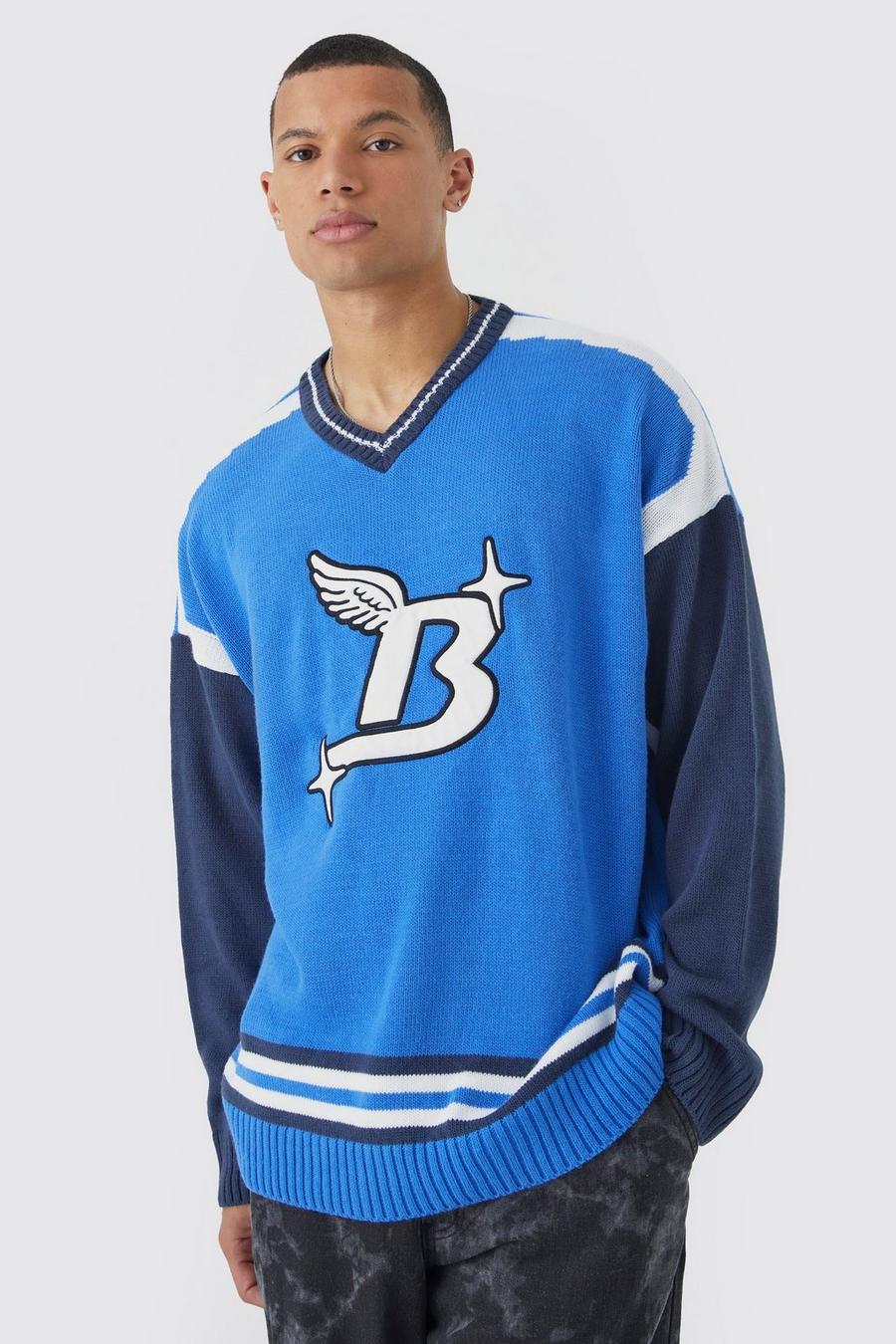 Blue Tall Oversized Applique Football Knit Jumper image number 1