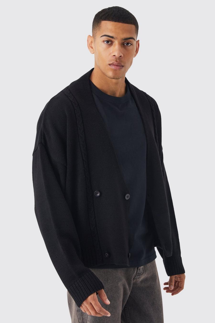 Black Boxy Double Breasted Collarless Cardigan image number 1