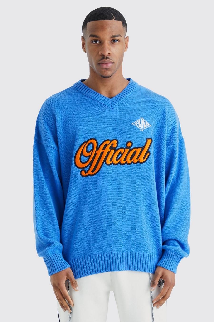 Blue Oversized V Neck Football Knit Sweatshirt