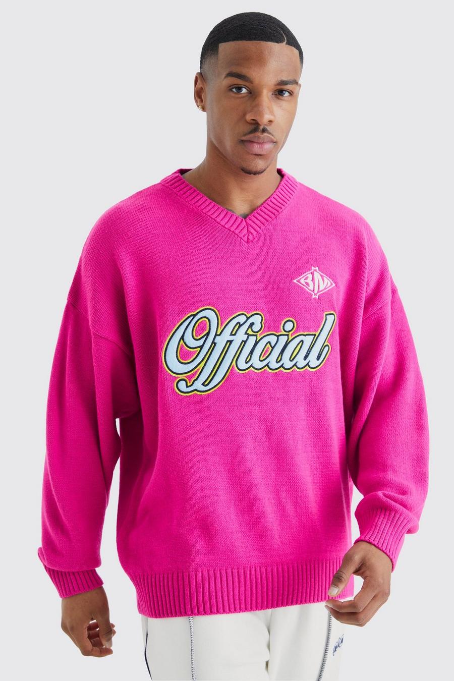 Pink Oversized V Neck Football Knit Sweatshirt