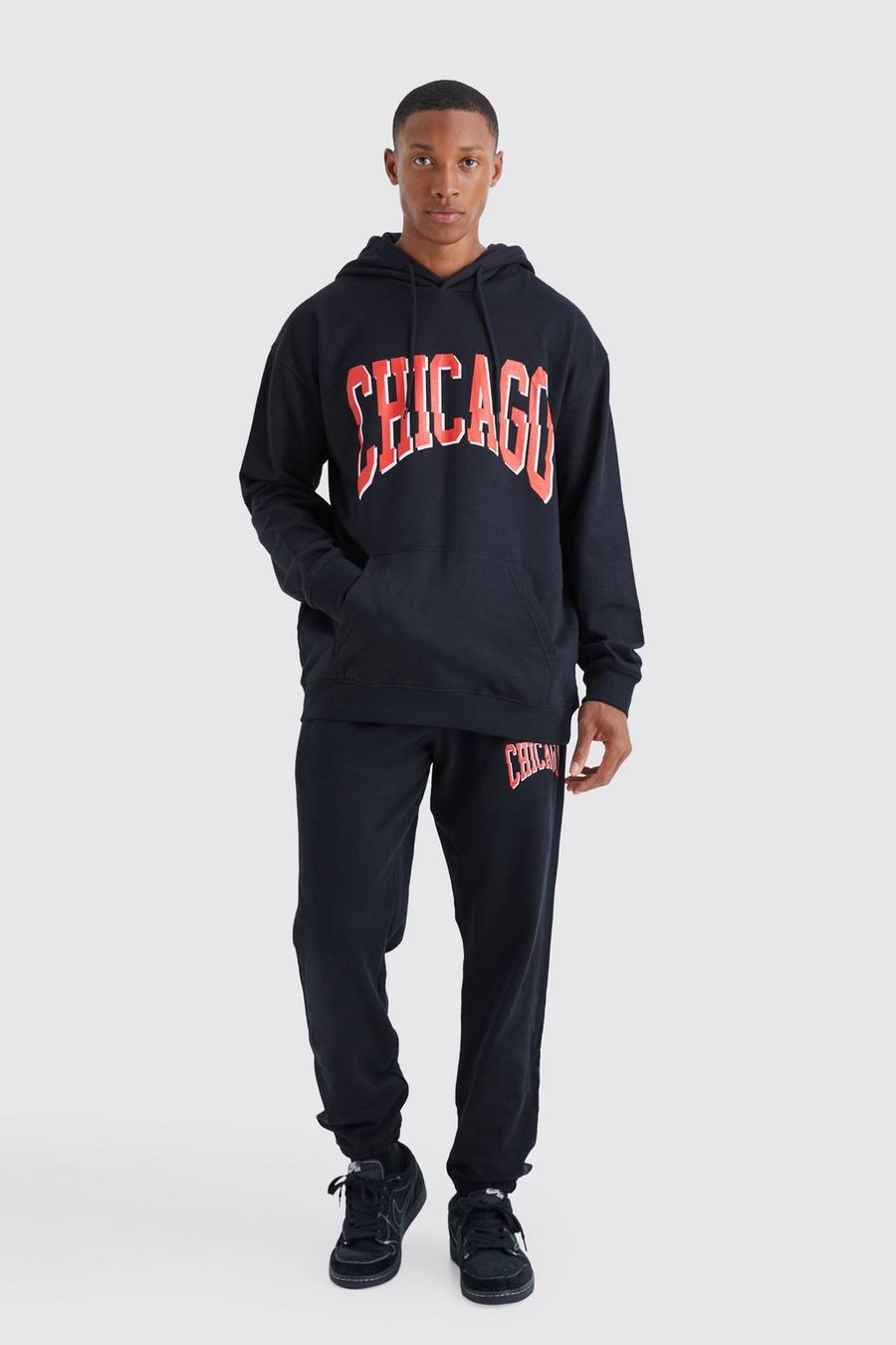 Chándal oversize universitario con capucha y estampado de Chicago, Black image number 1
