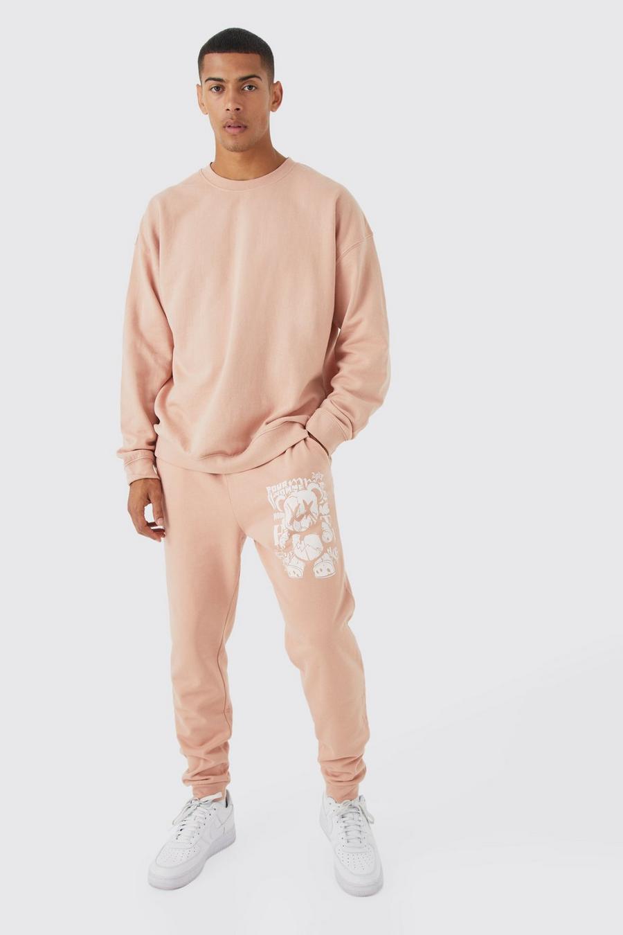Oversize Sweatshirt-Trainingsanzug mit Graffiti Teddy Print, Dusty pink