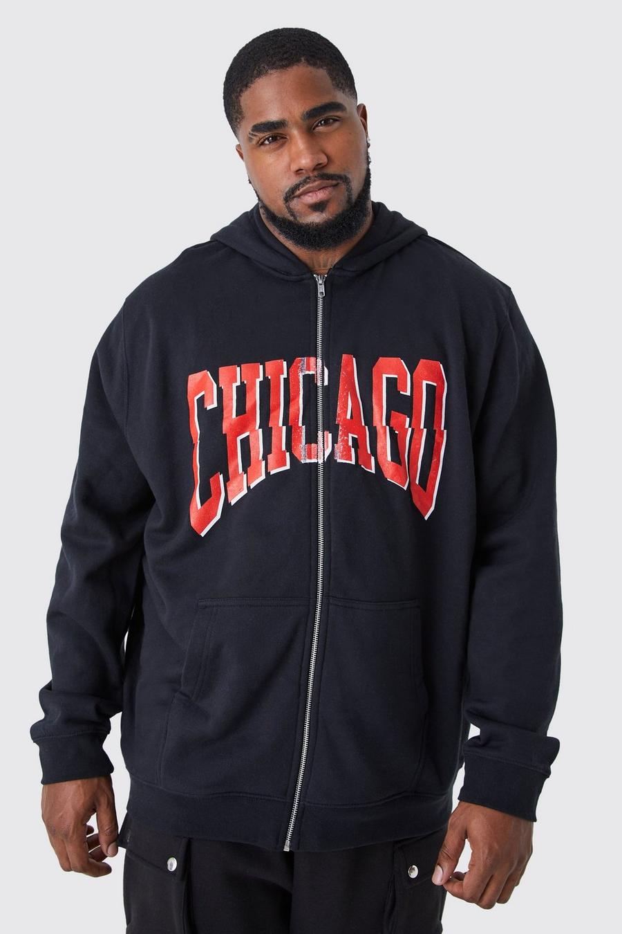 Felpa Plus Size stile college con zip e cappuccio Chicago, Black nero