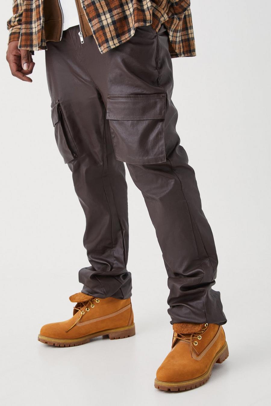 Pantaloni Cargo Plus Size Skinny Fit rivestiti con pieghe sul fondo, Chocolate