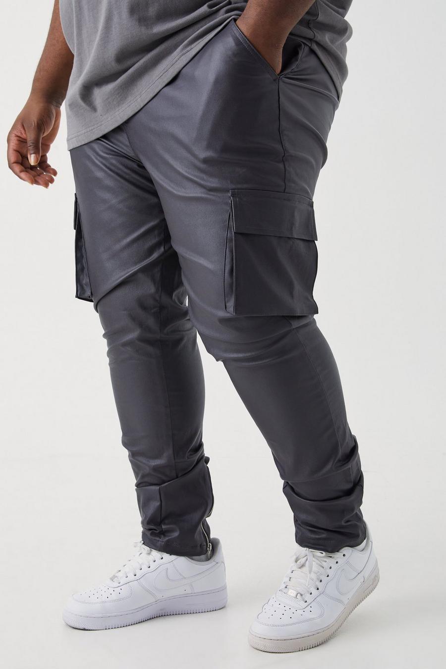 Pantaloni Cargo Plus Size Skinny Fit in twill rivestito con pieghe sul fondo, Charcoal