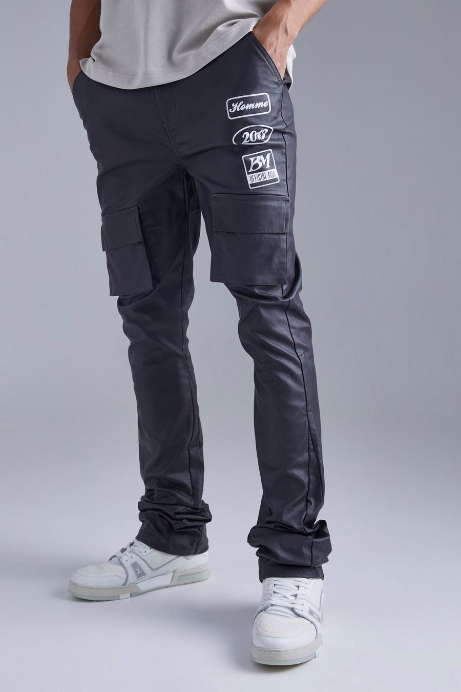 Charcoal grey Tall Skinny Stacked Flare Coated Cargo Trouser