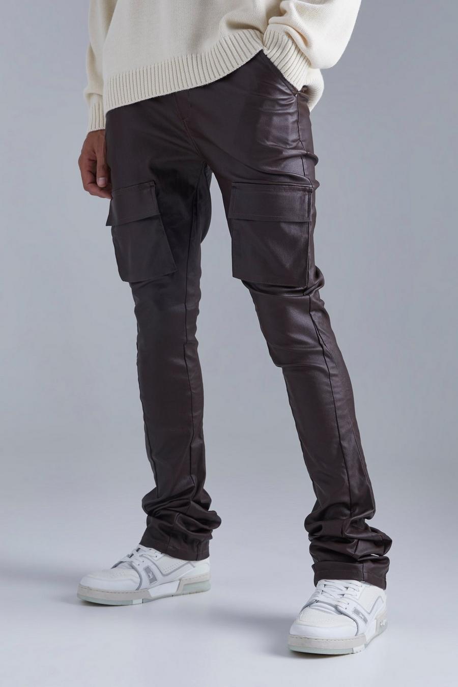 Pantaloni Cargo Tall Skinny Fit rivestiti a zampa con pieghe sul fondo, Chocolate marrone