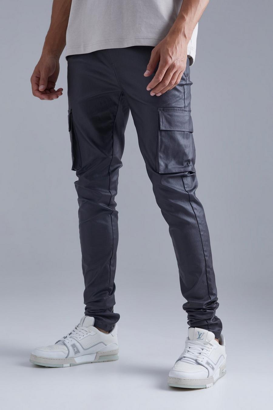 Charcoal Tall Skinny Stacked Coated Twill Cargo Trouser