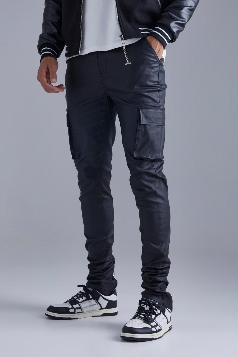 Black Tall Skinny Stacked Coated Twill Cargo Pants