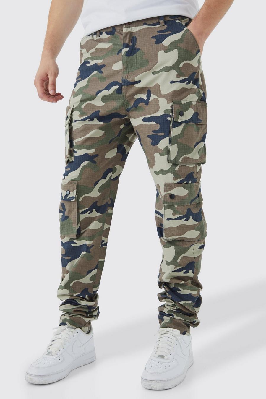 Pantaloni Cargo Tall Slim Fit in fantasia militare con bottoni a pressione e pieghe sul fondo, Khaki kaki