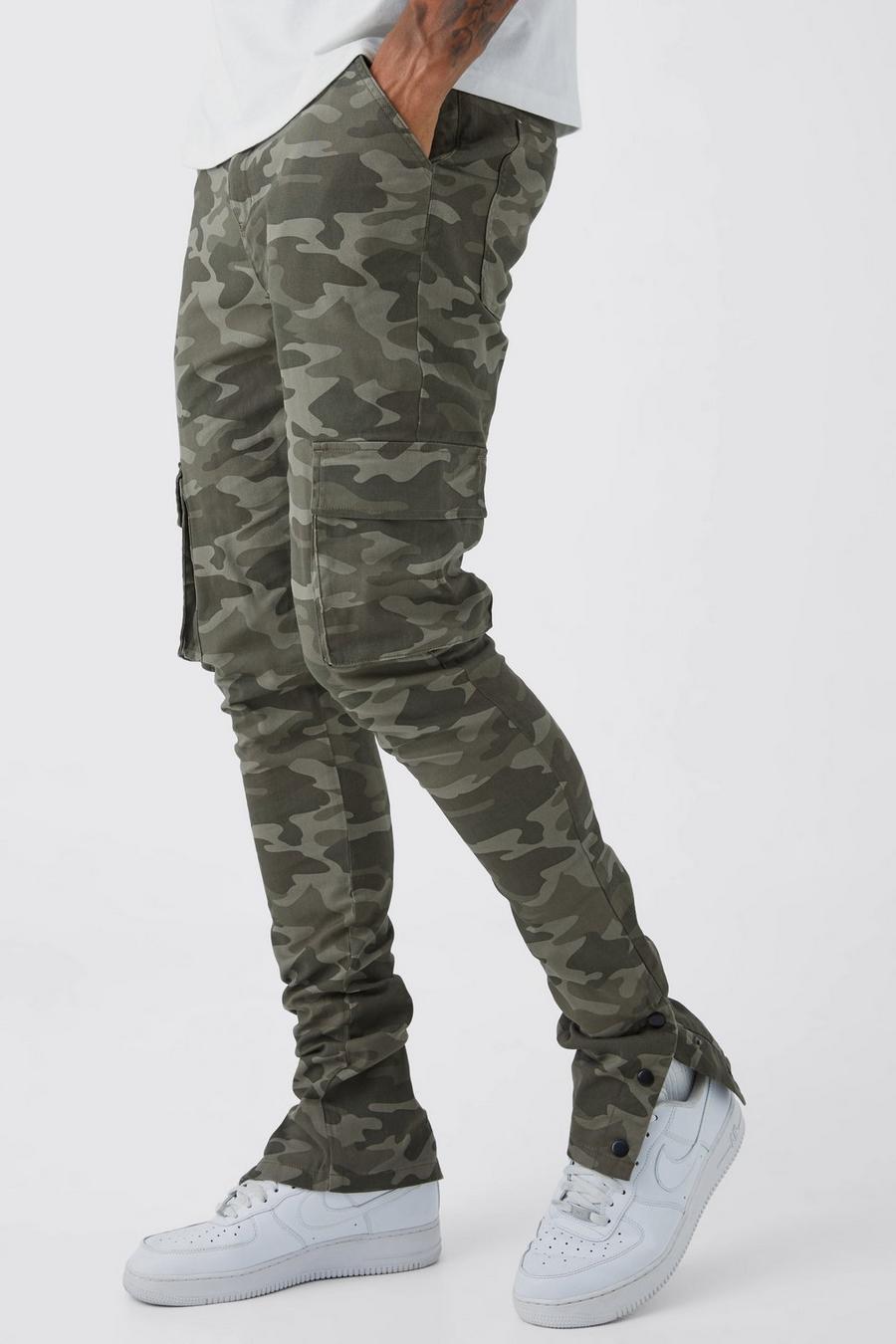 Chocolate Tall Skinny Stacked Popper Hem Camo Cargo Trouser image number 1