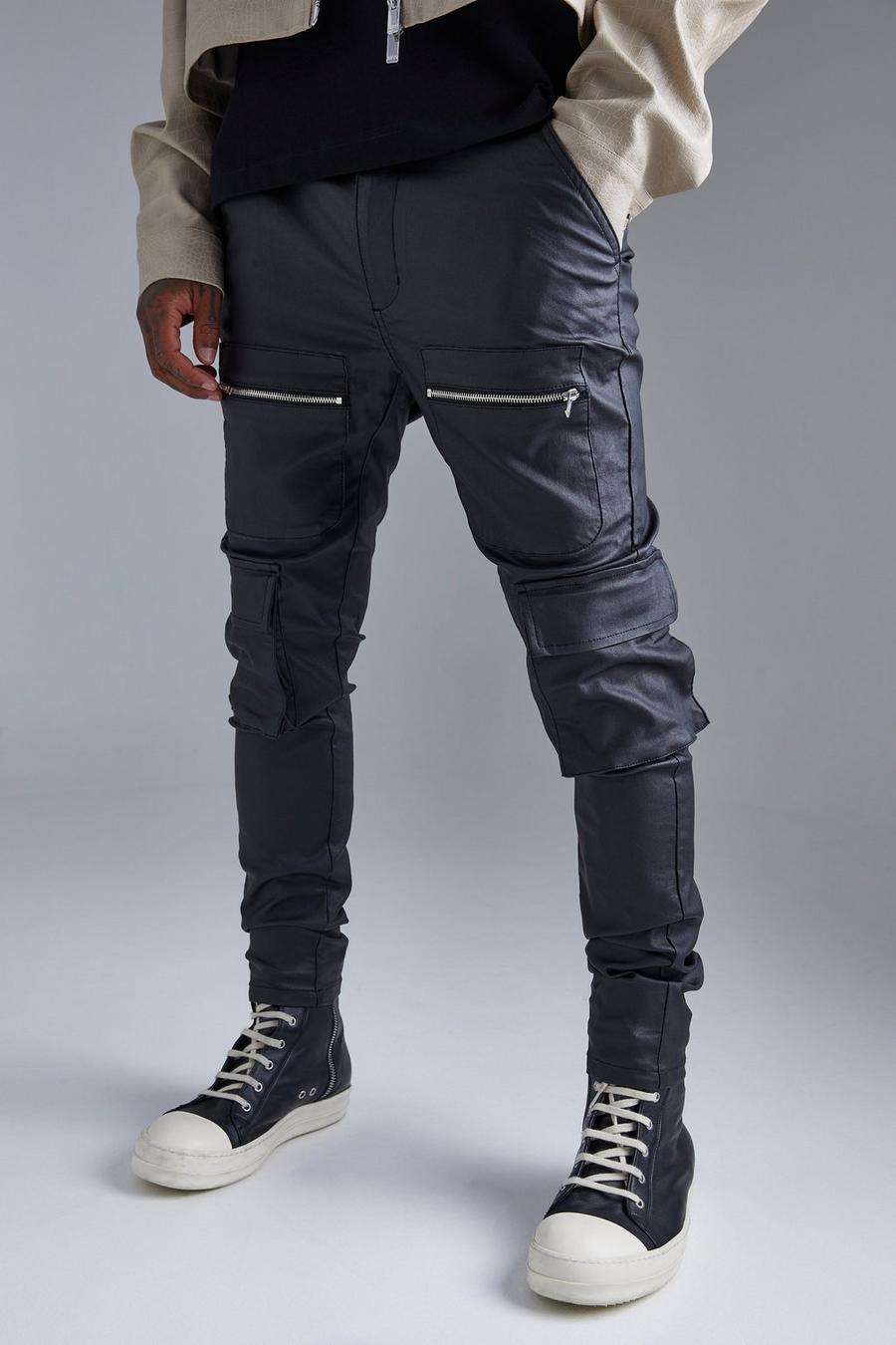 Pantaloni Cargo Skinny Fit in twill rivestito con zip, Black